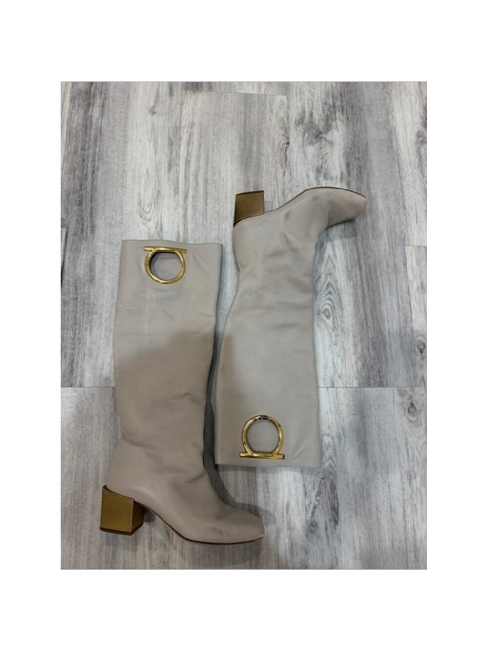 Salvatore Ferragamo Mirror Heel Gancini over the knee cream boots size 7.5